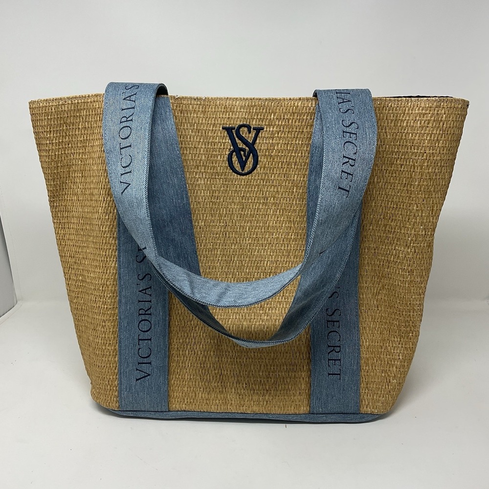 Victoria's Secret Straw Beach Tote Bag Beige‎ Blue Logo Weekender Travel